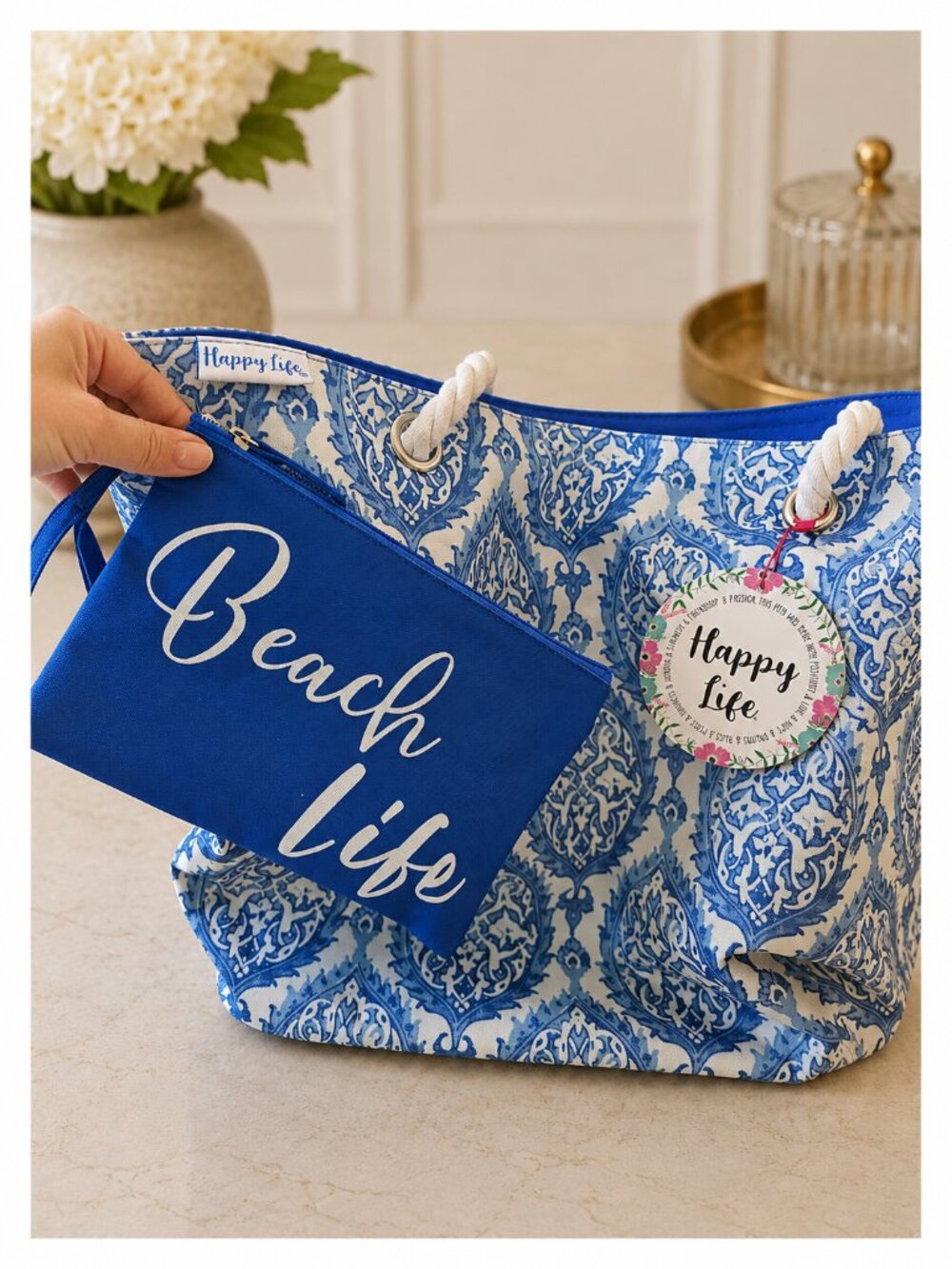 Happy Life Blue & White Beach Tote with Matching Cosmetic Pouch – NWT
